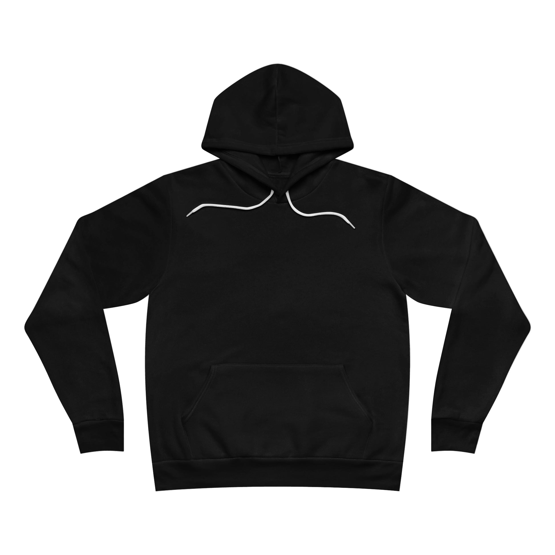 Front view of black hooded sweatshirt with hood up and no image or text, against a white background.