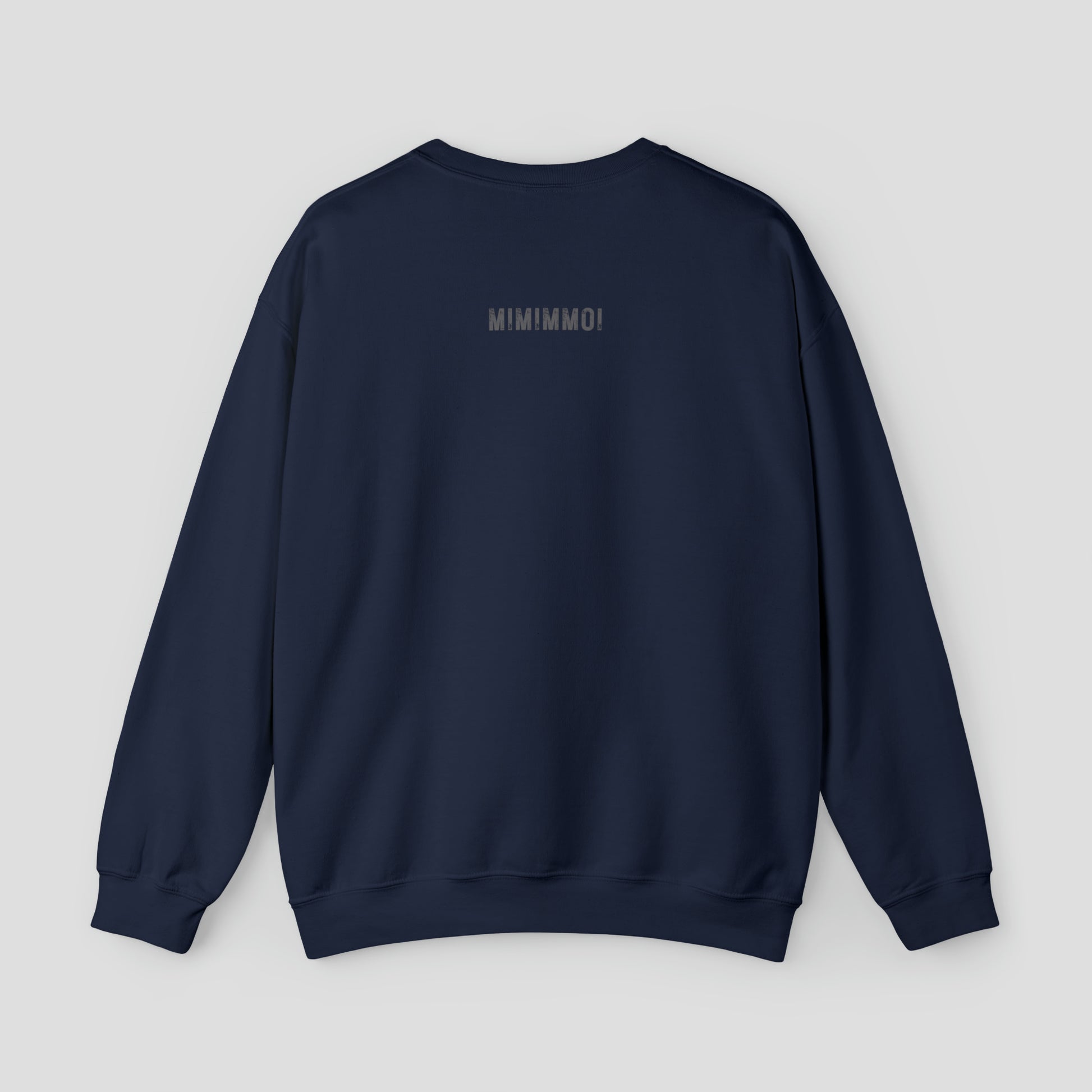 Back view of navy sweatshirt with MIMIMMOI in gray grunge font against light gray background.